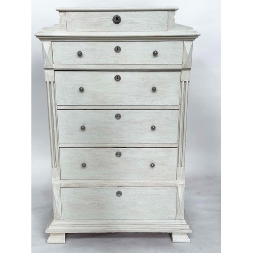 122 - TALL CHEST, 19th century French Napoleon III grey painted with shaped top and six drawers, 142cm H x... 