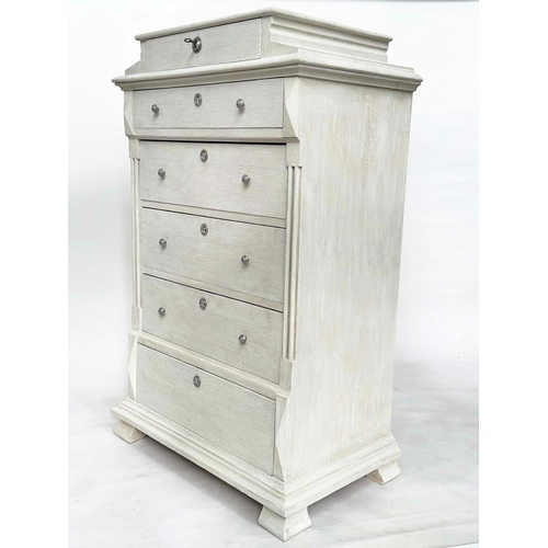 122 - TALL CHEST, 19th century French Napoleon III grey painted with shaped top and six drawers, 142cm H x... 