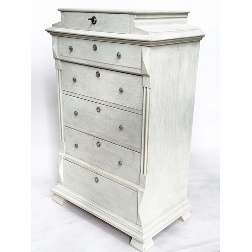 122 - TALL CHEST, 19th century French Napoleon III grey painted with shaped top and six drawers, 142cm H x... 