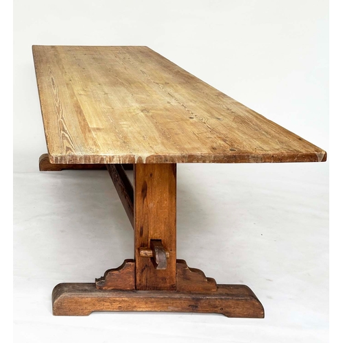 123 - REFECTORY TABLE. early 20th century English pine, planked with trestle supports and stretcher, 250cm... 