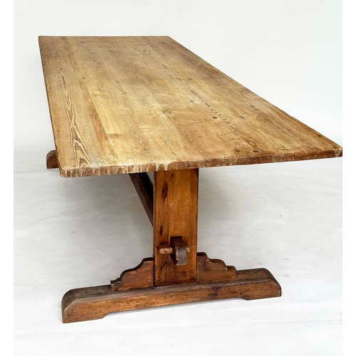 123 - REFECTORY TABLE. early 20th century English pine, planked with trestle supports and stretcher, 250cm... 