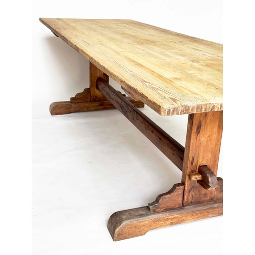 123 - REFECTORY TABLE. early 20th century English pine, planked with trestle supports and stretcher, 250cm... 