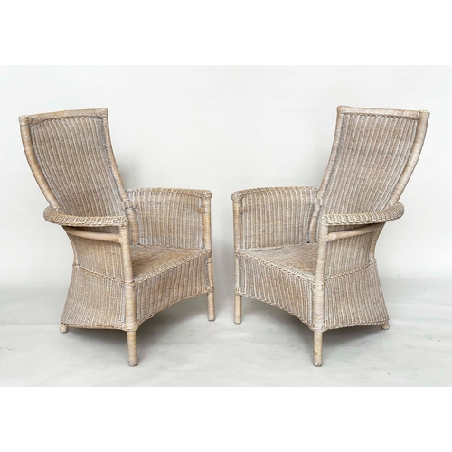 144 - GARDEN/ORANGERY ARMCHAIRS, a pair, rattan framed and cane woven panelled with arms and swept back su... 