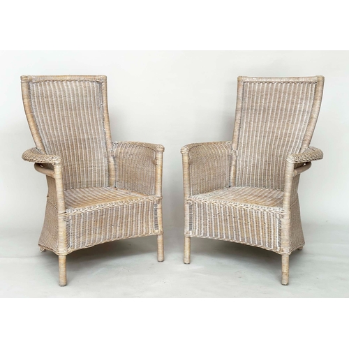 144 - GARDEN/ORANGERY ARMCHAIRS, a pair, rattan framed and cane woven panelled with arms and swept back su... 