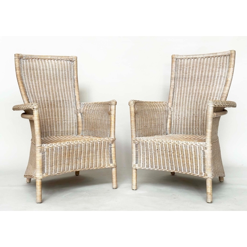 144 - GARDEN/ORANGERY ARMCHAIRS, a pair, rattan framed and cane woven panelled with arms and swept back su... 