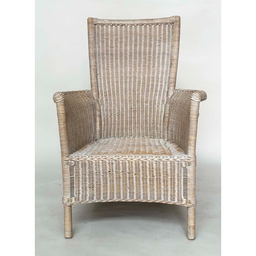 144 - GARDEN/ORANGERY ARMCHAIRS, a pair, rattan framed and cane woven panelled with arms and swept back su... 