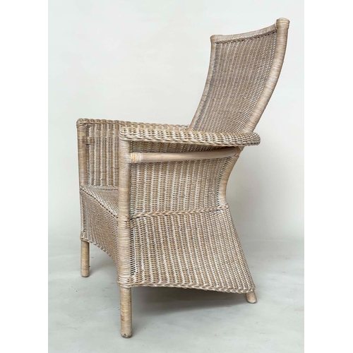 144 - GARDEN/ORANGERY ARMCHAIRS, a pair, rattan framed and cane woven panelled with arms and swept back su... 