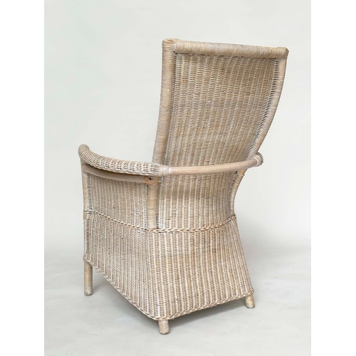 144 - GARDEN/ORANGERY ARMCHAIRS, a pair, rattan framed and cane woven panelled with arms and swept back su... 