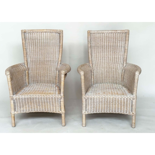 144 - GARDEN/ORANGERY ARMCHAIRS, a pair, rattan framed and cane woven panelled with arms and swept back su... 