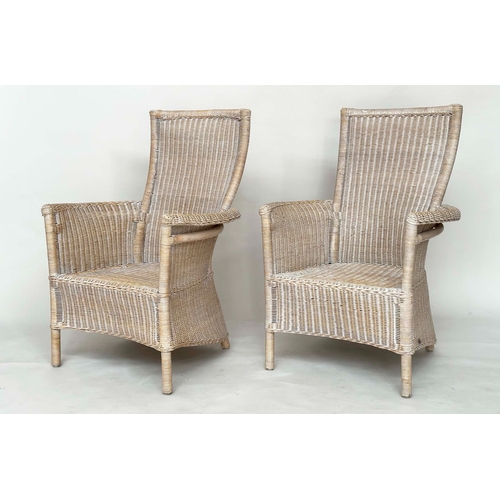 144 - GARDEN/ORANGERY ARMCHAIRS, a pair, rattan framed and cane woven panelled with arms and swept back su... 