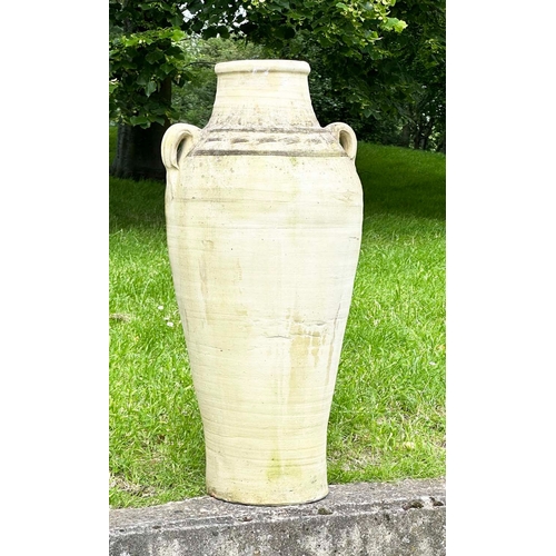 145 - GARDEN URN, well weathered terracotta with ridged and comb decorated shoulder with handles, 92cm H x... 