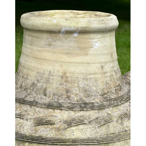 145 - GARDEN URN, well weathered terracotta with ridged and comb decorated shoulder with handles, 92cm H x... 