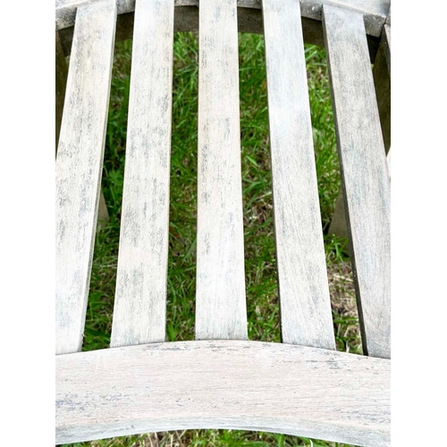 146 - BANANA GARDEN ARMCHAIRS, a pair, well weathered teak, slatted with rounded backs, 82cm H x 78cm W. (... 