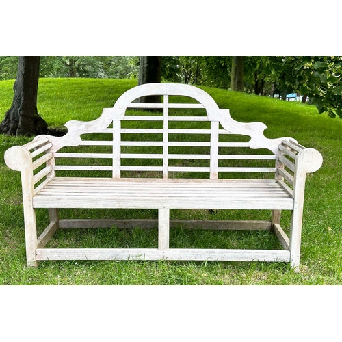 148 - LUTYENS STYLE GARDEN BENCH, well weathered teak after the design by Sir Edwin Lutyens with arched ba... 