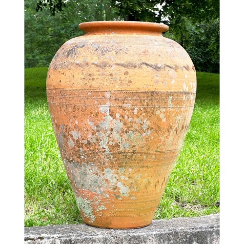 151 - GARDEN TERRACOTTA AMPHORA URN, weathered with all over impressed decoration, 65cm H x 46cm W.