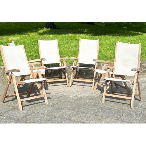 153 - GARDEN FOLDING ARMCHAIRS BY NEPTUNE, a set of six, weathered teak and all weather canvas by Neptune,... 