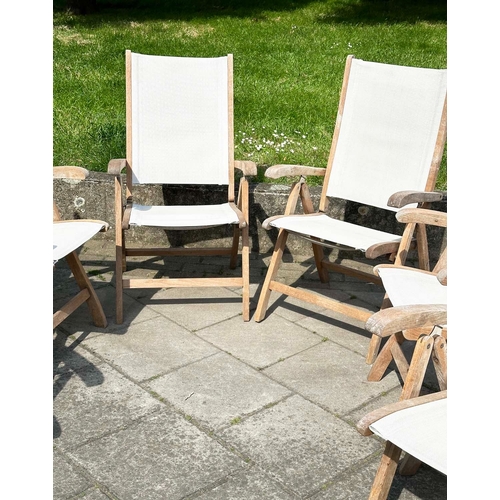 153 - GARDEN FOLDING ARMCHAIRS BY NEPTUNE, a set of six, weathered teak and all weather canvas by Neptune,... 