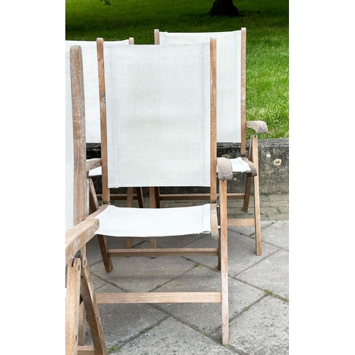 153 - GARDEN FOLDING ARMCHAIRS BY NEPTUNE, a set of six, weathered teak and all weather canvas by Neptune,... 