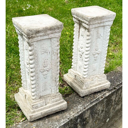 158 - GARDEN COLUMNS/STANDS, a pair, well weathered reconstituted stone squared form with decoration and s... 