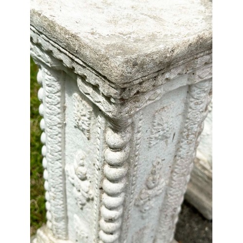 158 - GARDEN COLUMNS/STANDS, a pair, well weathered reconstituted stone squared form with decoration and s... 