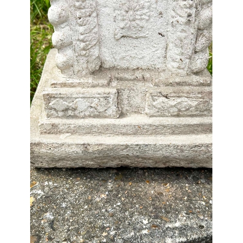 158 - GARDEN COLUMNS/STANDS, a pair, well weathered reconstituted stone squared form with decoration and s... 