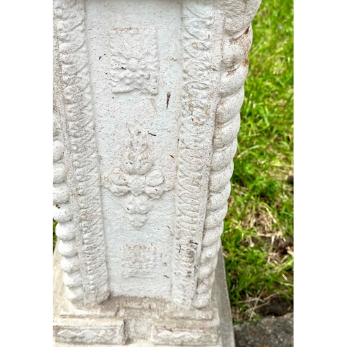 158 - GARDEN COLUMNS/STANDS, a pair, well weathered reconstituted stone squared form with decoration and s... 