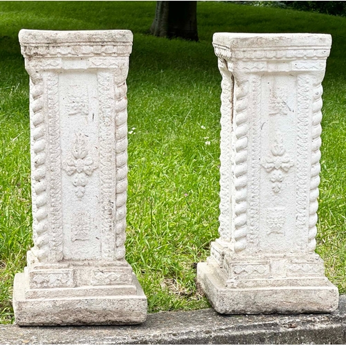 158 - GARDEN COLUMNS/STANDS, a pair, well weathered reconstituted stone squared form with decoration and s... 