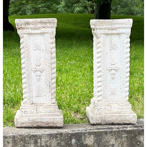 158 - GARDEN COLUMNS/STANDS, a pair, well weathered reconstituted stone squared form with decoration and s... 