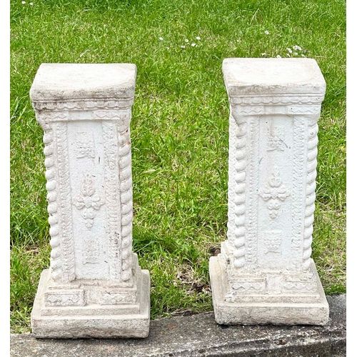 158 - GARDEN COLUMNS/STANDS, a pair, well weathered reconstituted stone squared form with decoration and s... 