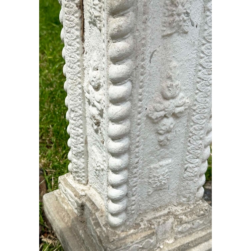 158 - GARDEN COLUMNS/STANDS, a pair, well weathered reconstituted stone squared form with decoration and s... 