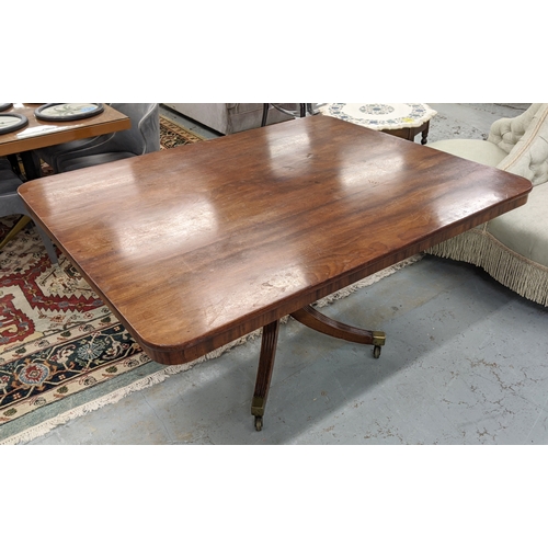 160 - LATE REGENCY RECTANGULAR MAHOGANY TILT-TOP BREAKFAST TABLE, raised on pedestal with turned column an... 