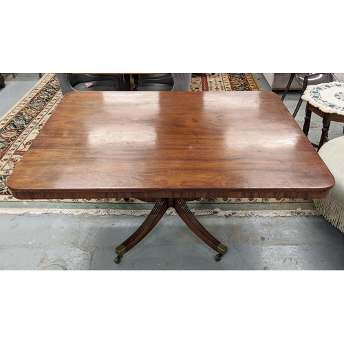 160 - LATE REGENCY RECTANGULAR MAHOGANY TILT-TOP BREAKFAST TABLE, raised on pedestal with turned column an... 