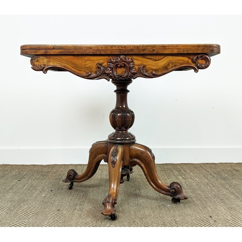 161 - CARD TABLE, mid Victorian burr walnut, with carved detail and green velvet top, 89cm W x 44cm D x 77... 