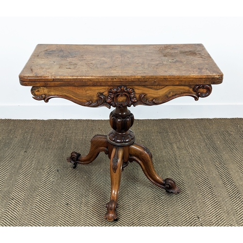 161 - CARD TABLE, mid Victorian burr walnut, with carved detail and green velvet top, 89cm W x 44cm D x 77... 