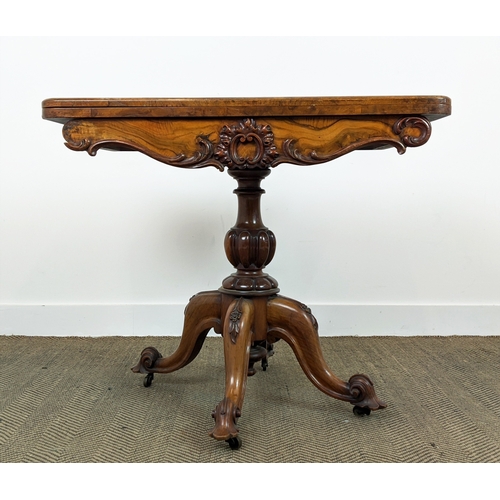 161 - CARD TABLE, mid Victorian burr walnut, with carved detail and green velvet top, 89cm W x 44cm D x 77... 