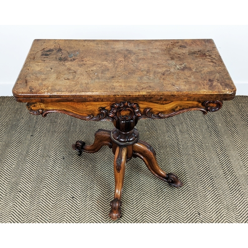 161 - CARD TABLE, mid Victorian burr walnut, with carved detail and green velvet top, 89cm W x 44cm D x 77... 