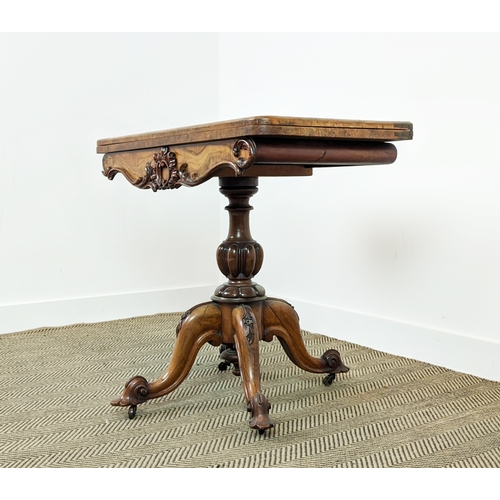 161 - CARD TABLE, mid Victorian burr walnut, with carved detail and green velvet top, 89cm W x 44cm D x 77... 