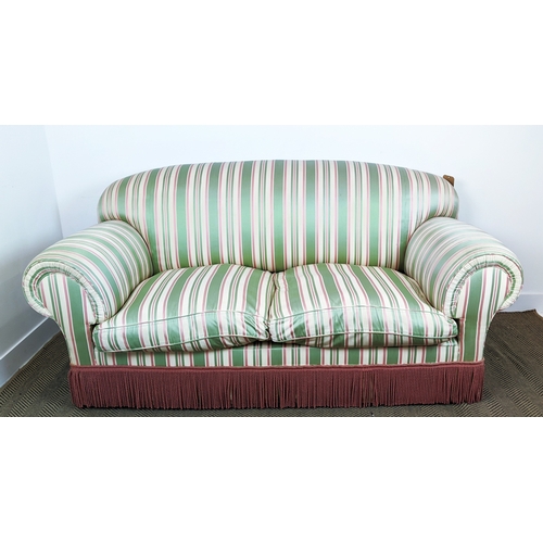 164 - SOFA, peppermint stripes, country house style with bullion fringe, 195cm W x 93cm D x 91cm H.