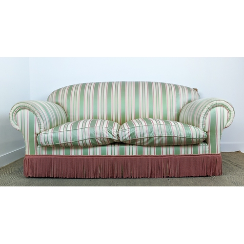 164 - SOFA, peppermint stripes, country house style with bullion fringe, 195cm W x 93cm D x 91cm H.