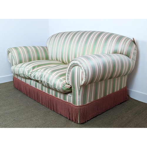 164 - SOFA, peppermint stripes, country house style with bullion fringe, 195cm W x 93cm D x 91cm H.