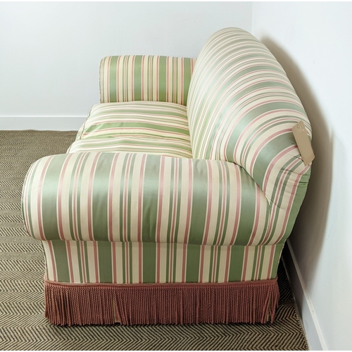 164 - SOFA, peppermint stripes, country house style with bullion fringe, 195cm W x 93cm D x 91cm H.