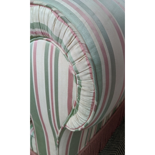 164 - SOFA, peppermint stripes, country house style with bullion fringe, 195cm W x 93cm D x 91cm H.