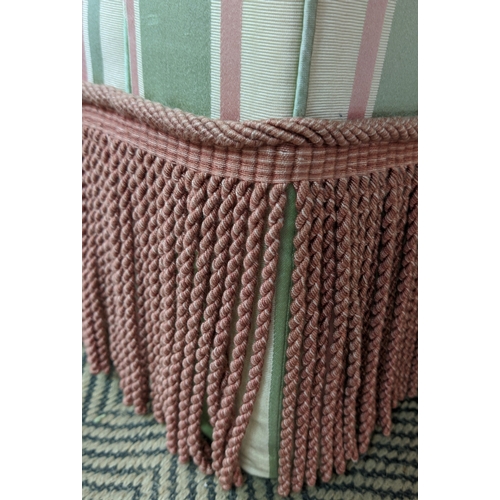 164 - SOFA, peppermint stripes, country house style with bullion fringe, 195cm W x 93cm D x 91cm H.