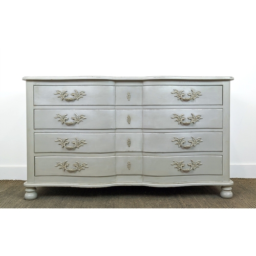 167 - SERPENTINE FRONTED PAINTED COMMODE, with four drawers, 134cm x 42cm x 82cm H.