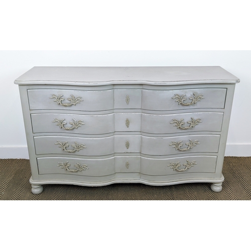 167 - SERPENTINE FRONTED PAINTED COMMODE, with four drawers, 134cm x 42cm x 82cm H.