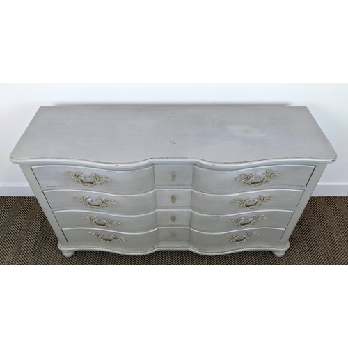 167 - SERPENTINE FRONTED PAINTED COMMODE, with four drawers, 134cm x 42cm x 82cm H.