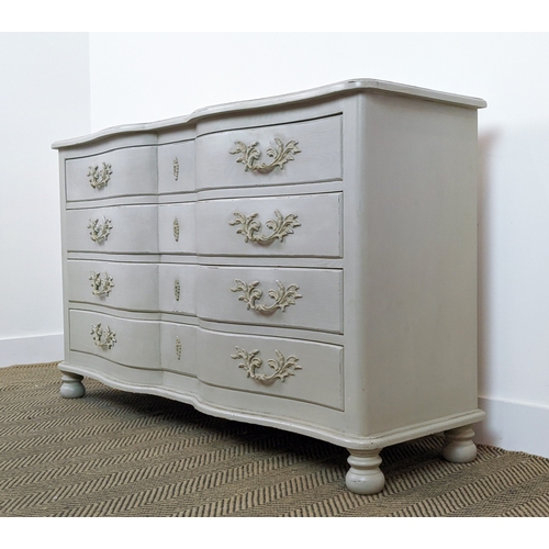 167 - SERPENTINE FRONTED PAINTED COMMODE, with four drawers, 134cm x 42cm x 82cm H.