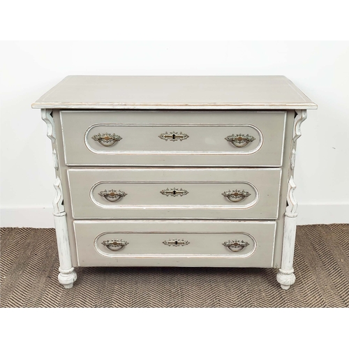 168 - COMMODE, in a painted finish with three drawers, 97cm x 54cm x 80cm H.