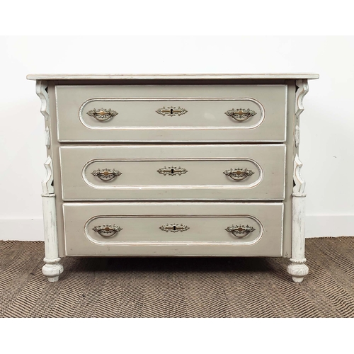 168 - COMMODE, in a painted finish with three drawers, 97cm x 54cm x 80cm H.