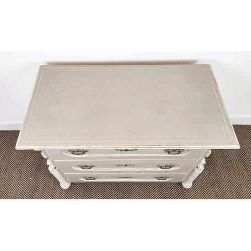 168 - COMMODE, in a painted finish with three drawers, 97cm x 54cm x 80cm H.